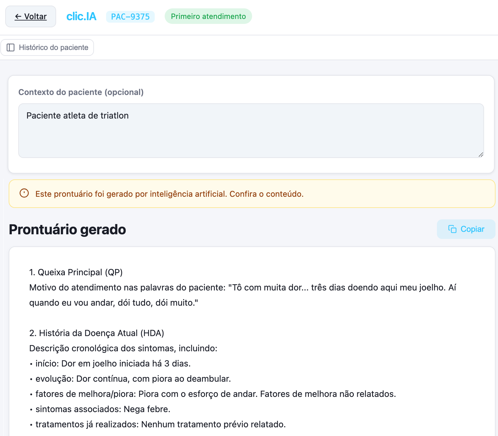 Prontuário gerado pelo clic.IA